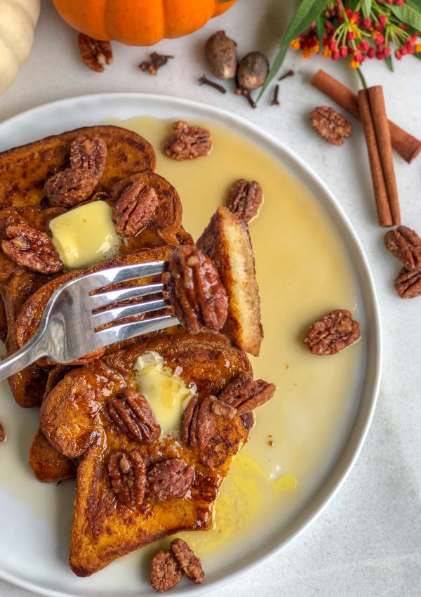 Gluten Free Pumpkin Spice French Toast with Mapled Pecans