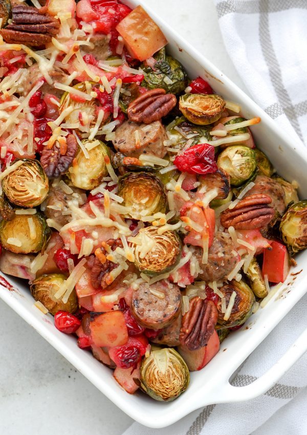 Roasted Brussels Sprouts with Apple, Chicken Sausage, Cranberries and Pecans