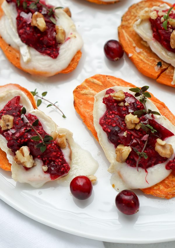 Baked Brie Sweet PotaTOASTS with Cranberry Chia Jam